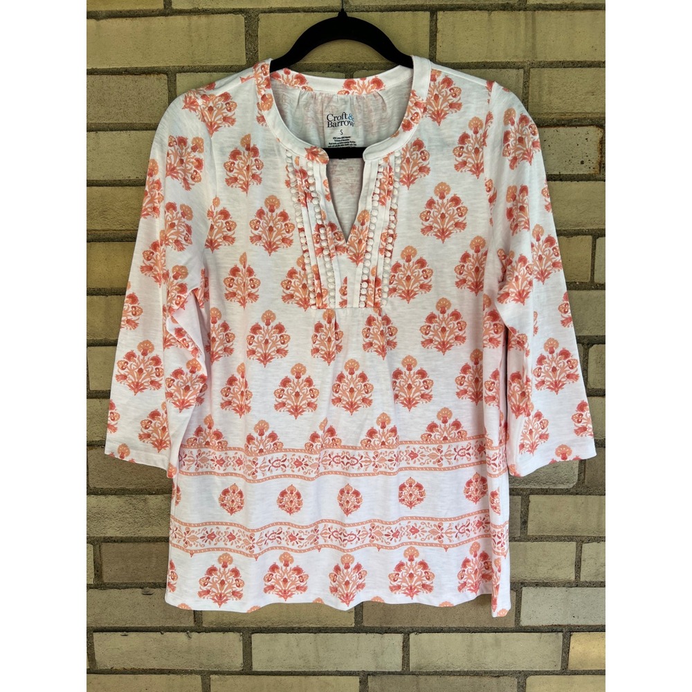 Croft & Barrow Orange Floral Pom Lace Trim 3/4 Sleeve Knit Top Size Small